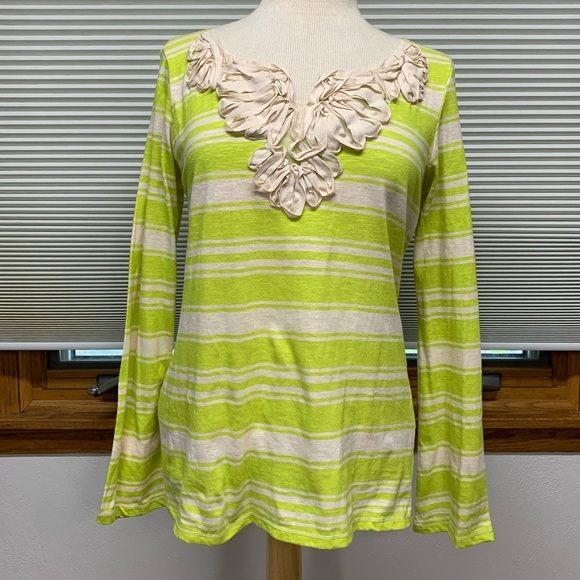 Max Studio NWT Bright green and cream striped long sleeve t-shirt Size Small - Picture 1 of 8